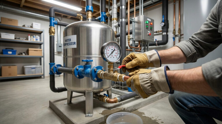 Un homme en gants purge un surpresseur d'eau en ouvrant une valve, de l'eau s'écoule dans un récipient, montrant la jauge de pression.