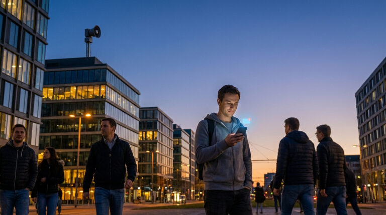 Un jeune homme consulte son smartphone affichant des notifications lumineuses, avec une sirène urbaine sur un toit au crépuscule.