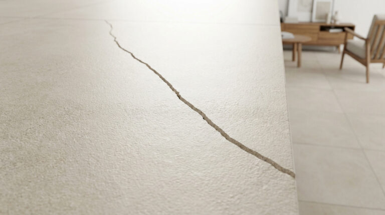 Une longue fissure traverse un carrelage de sol clair et texturé dans un intérieur moderne, avec des meubles en bois en arrière-plan.