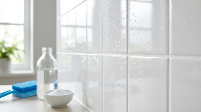Mur de carrelage blanc mouillé avec des gouttelettes d'eau, flacon de vinaigre, bol de bicarbonate et éponge bleue sur un comptoir.