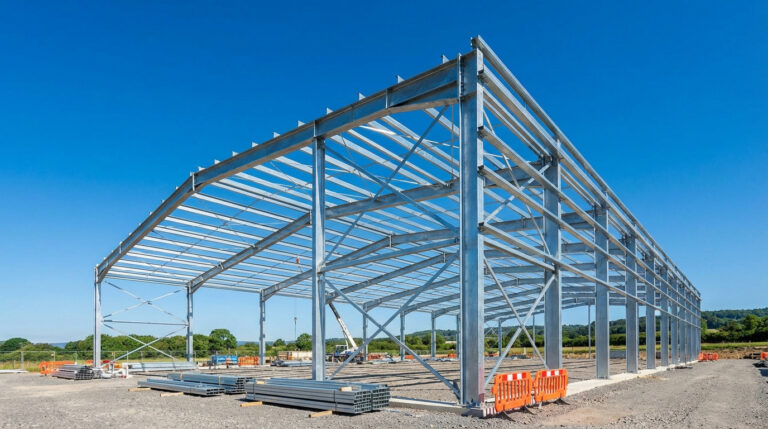 Grande charpente métallique grise d'un bâtiment en construction, sous ciel bleu. Des matériaux de chantier sont au sol.