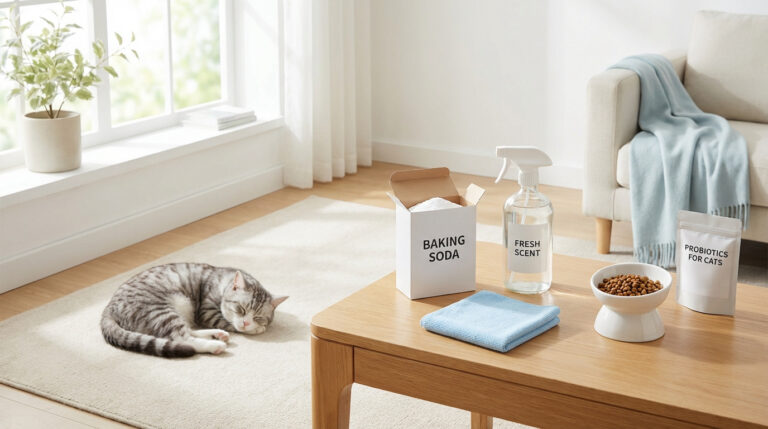 Un chat tigré dort sur un tapis beige. Sur une table, des produits pour assainir l'air : bicarbonate, spray, probiotiques pour chat.