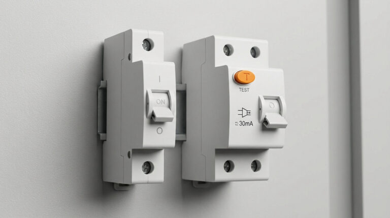 Gros plan sur deux modules électriques blancs : un interrupteur et un disjoncteur différentiel avec bouton test orange.