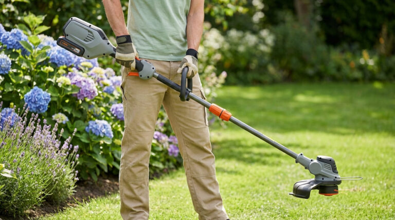 Homme en gants et pantalon de travail, tenant une débroussailleuse à batterie dans un jardin avec hortensias bleus et lavande.