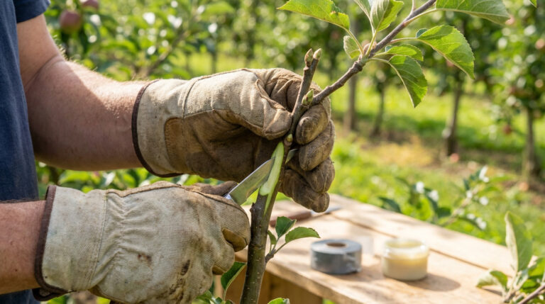 Mains gantées réalisant une entaille sur une branche d'arbre fruitier avec un couteau pour la greffe, en plein verger.