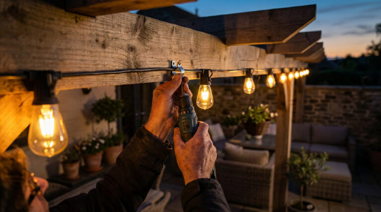 Gros plan sur des mains fixant une guirlande lumineuse allumée à une pergola en bois avec une perceuse, au crépuscule.