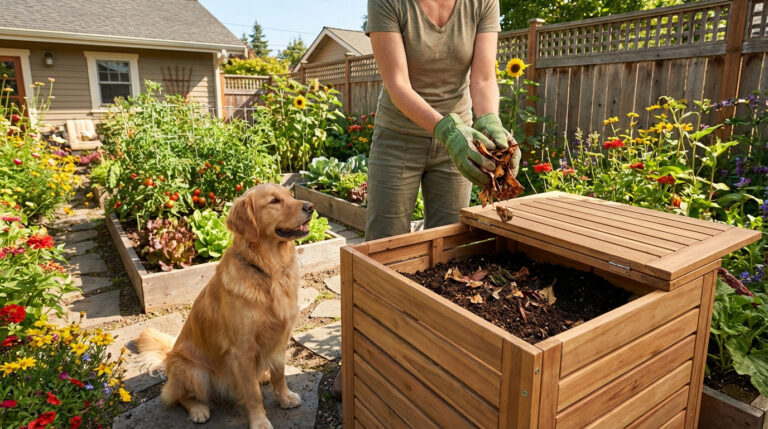 Femme ajoutant des déchets végétaux dans un composteur en bois, sous le regard attentif d'un golden retriever dans un jardin luxuriant.