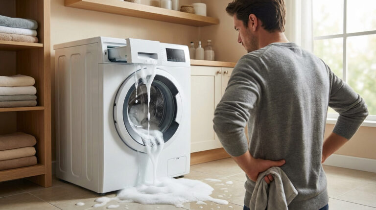 Un homme regarde consterné une machine à laver blanche dont le bac à lessive déborde de mousse sur le sol de la buanderie.