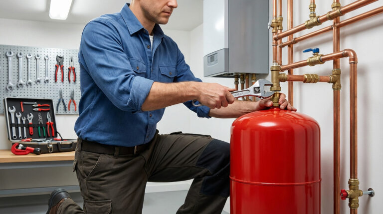 Un homme change un vase d'expansion rouge sur une chaudière avec une clé à molette. Tuyaux en cuivre et outils en arrière-plan.