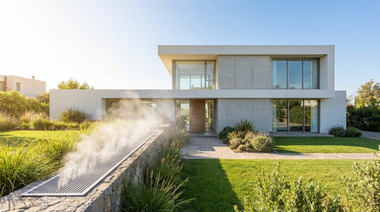 Maison moderne avec façade blanche et béton, jardin verdoyant et système de brumisation émettant de la vapeur près d'un mur en pierre.