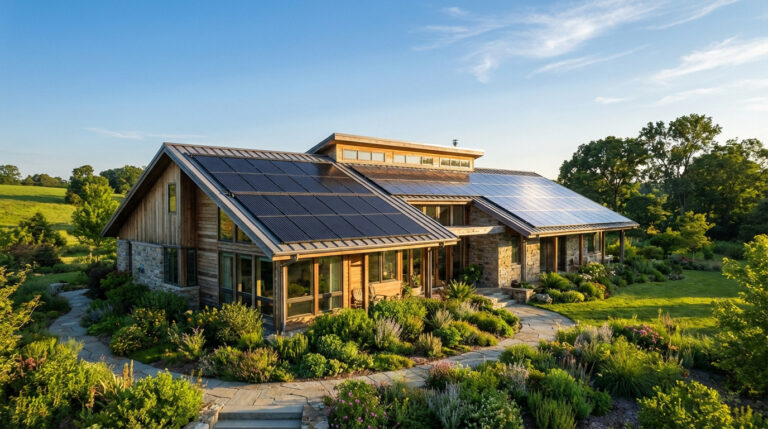 Maison en pierre et bois avec un toit entièrement couvert de panneaux solaires, intégrée dans un jardin paysager verdoyant sous un ciel bleu clair.