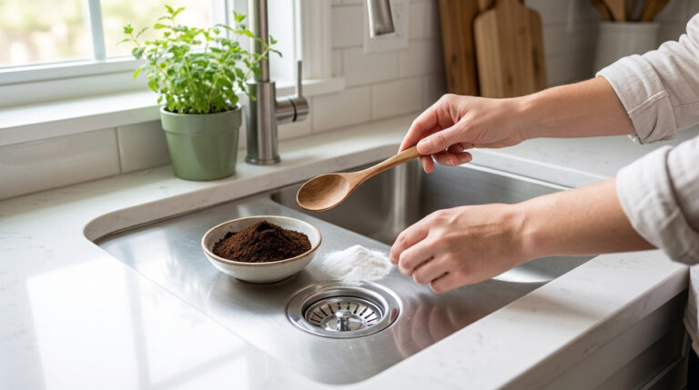 Mains préparant à verser du café moulu et du bicarbonate de soude dans un évier pour éliminer les odeurs de drain.