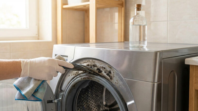 Main gantée nettoyant le joint moisi d'un lave-linge avec un chiffon, une bouteille de vinaigre sur l'appareil.
