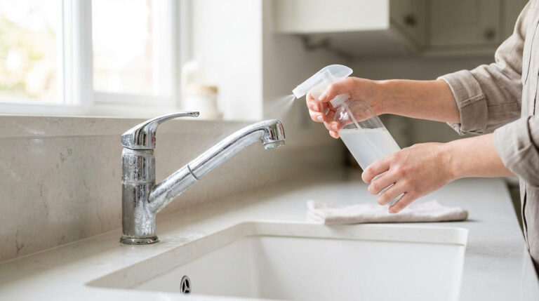 Des mains pulvérisent un produit détartrant sur un robinet de cuisine chromé, visiblement entartré, au-dessus d'un évier blanc.