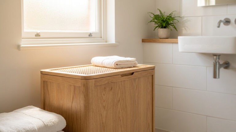 Panier à linge en bois clair et robuste avec des serviettes blanches pliées. Salle de bain moderne et lumineuse en arrière-plan.