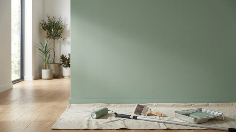 Mur intérieur vert pastel fraîchement peint avec rouleau, pinceau et bac de peinture sur une bâche. Sol en bois et plantes en arrière-plan.