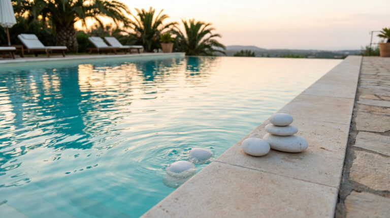 Vue latérale d'une piscine à débordement au crépuscule. Des galets blancs sont empilés sur la margelle et flottent dans l'eau. Palmiers en fond.