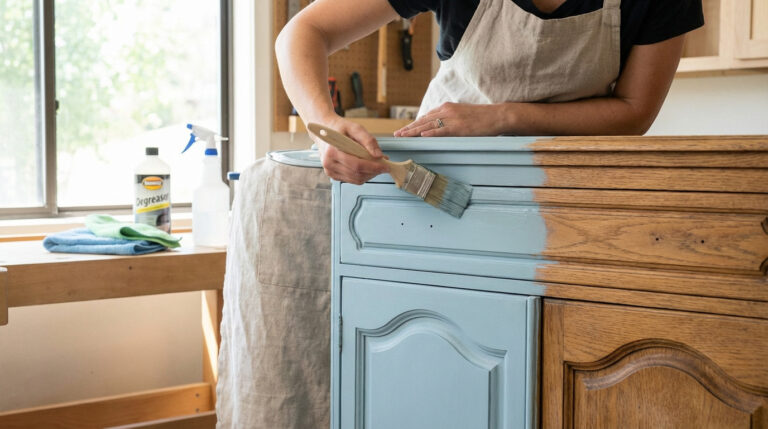 Personne peignant un meuble en bois marron en bleu pastel, sans ponçage. Dégraissant et chiffons sur le côté.