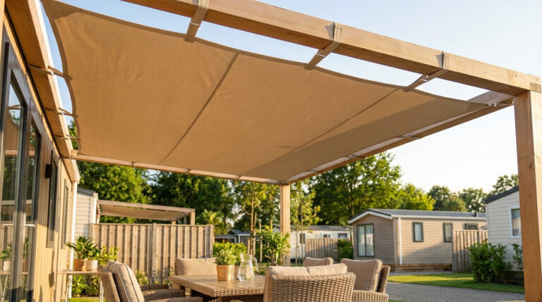 Terrasse ombragée de mobil-home : une pergola en bois soutient une bâche beige au-dessus d'un salon de jardin.
