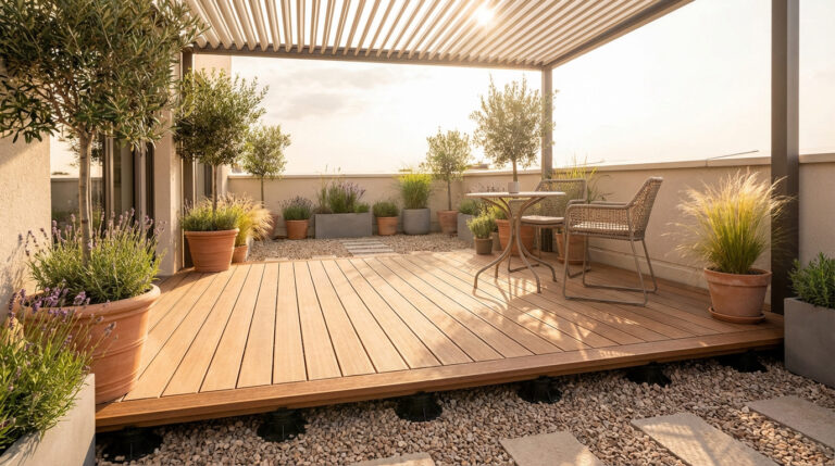 Grande terrasse en bois surélevée sous pergola à lames, mobilier de jardin, plantes en pots, sol en gravier.