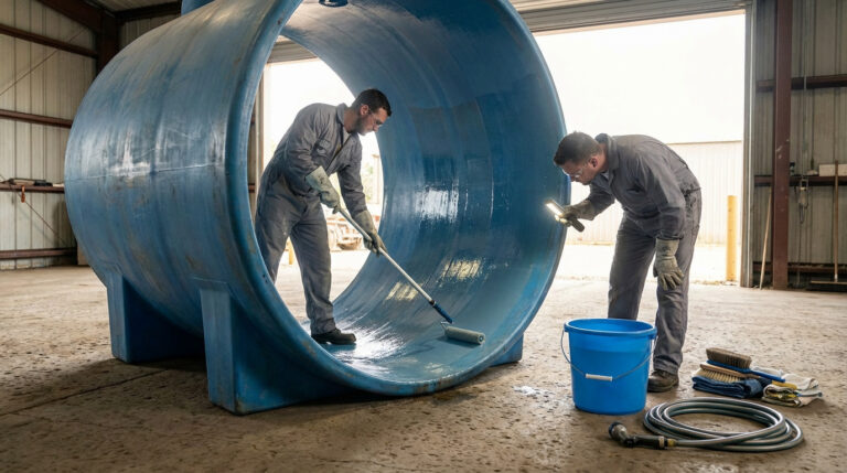 Deux ouvriers appliquent un revêtement protecteur bleu à l'intérieur d'une grande cuve, l'un peint et l'autre inspecte à la lumière.