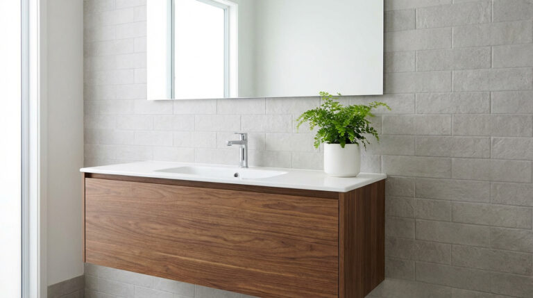 Meuble de salle de bain suspendu en bois avec vasque blanche, robinet chromé, miroir et plante verte sur un mur carrelé clair.