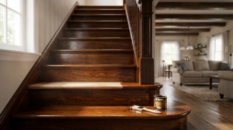 Escalier en bois en rénovation, une marche partiellement teintée avec pot de teinture et pinceau. Intérieur de maison lumineux.