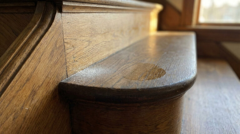 Détail d'un escalier en bois avec des traces de lubrifiant liquide et de poudre pour traiter les grincements.