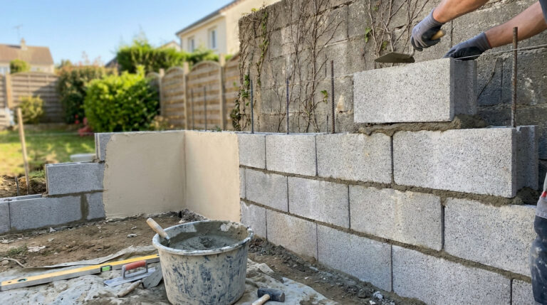 Un maçon construit un mur en parpaings, appliquant du mortier avec une truelle. Ferraillage visible pour renforcer le mur.