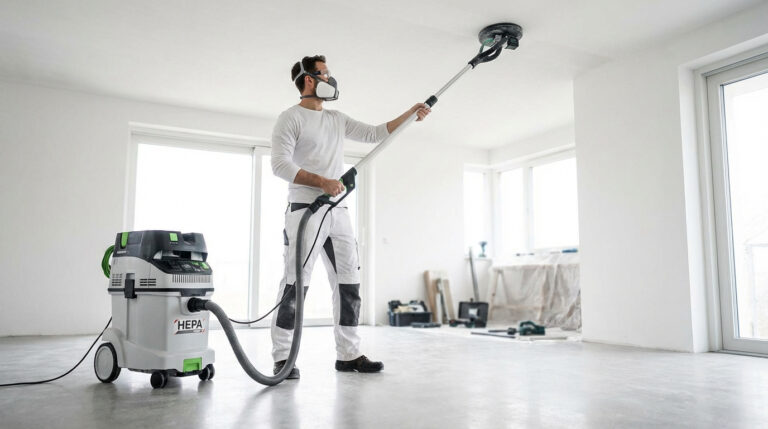 Ouvrier ponçant un plafond à l'aide d'une ponceuse sur perche et d'un aspirateur HEPA, dans une pièce lumineuse.