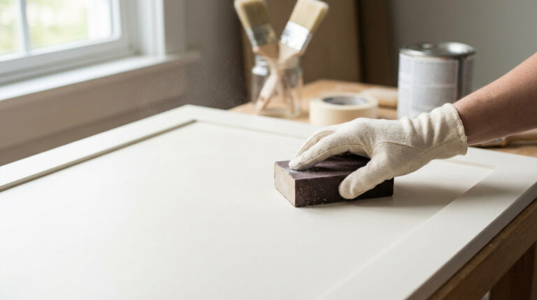Une main gantée ponce une surface blanche avec un bloc, créant de fines particules de poussière. Matériel de peinture visible.