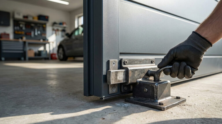 Main gantée actionnant un robuste verrou de sol fixé à une porte de garage grise, vue rapprochée. L'intérieur du garage est flou.