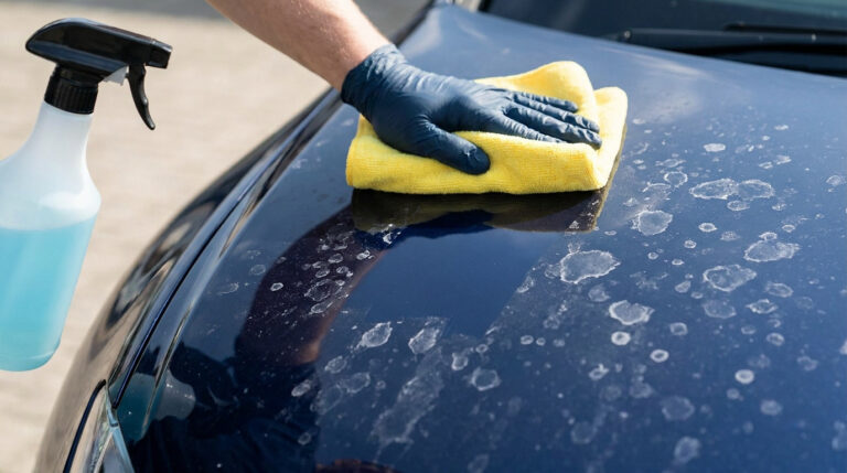 Main gantée essuyant des taches de calcaire sur un capot de voiture bleu foncé avec un chiffon jaune et un spray.