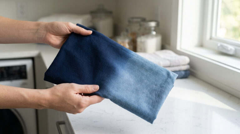 Une personne tient un tissu bleu dégradé, allant du foncé au clair, dans une buanderie lumineuse.