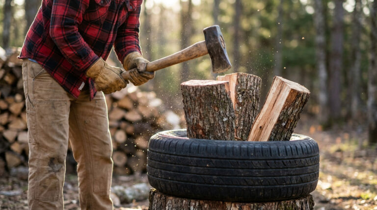 Un homme en chemise à carreaux fend du bois avec un merlin, utilisant un pneu pour maintenir les bûches.