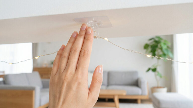 Main fixant une guirlande lumineuse au plafond avec un crochet adhésif transparent. Salon moderne en arrière-plan.