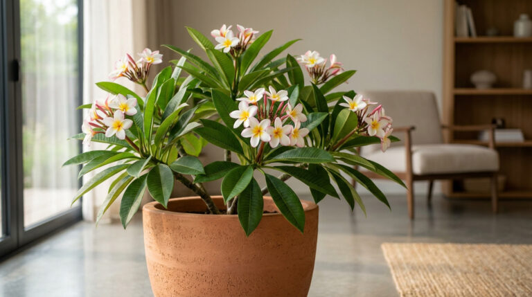 Un magnifique frangipanier en pleine floraison dans un pot en terre cuite, près d'une fenêtre dans un salon lumineux.