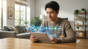 Homme convertit des watts en wattheures sur tablette, affichant calculs de consommation et économies d'énergie.