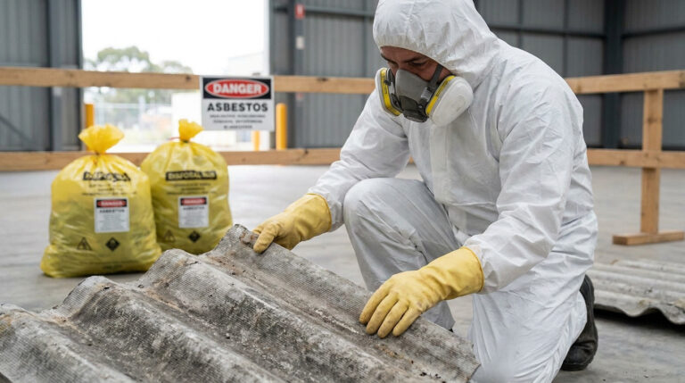 Un ouvrier en combinaison blanche, gants jaunes et masque respiratoire manipule des plaques d'amiante, près de sacs DANGER ASBESTOS.