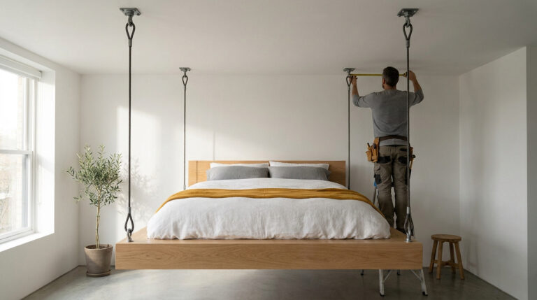 Homme sur escabeau mesurant le plafond près d'un lit en bois suspendu par des câbles, dans une chambre lumineuse et moderne.