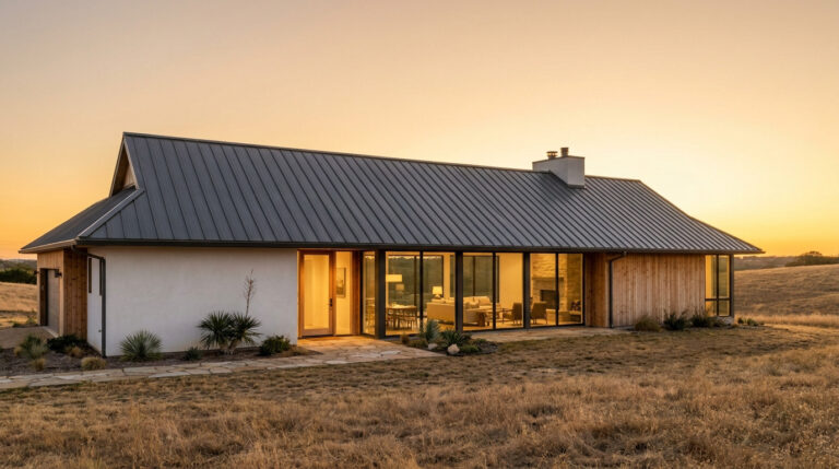 Vue latérale d'une maison moderne avec toit métallique gris, murs blancs et bois, grandes fenêtres illuminées au crépuscule.