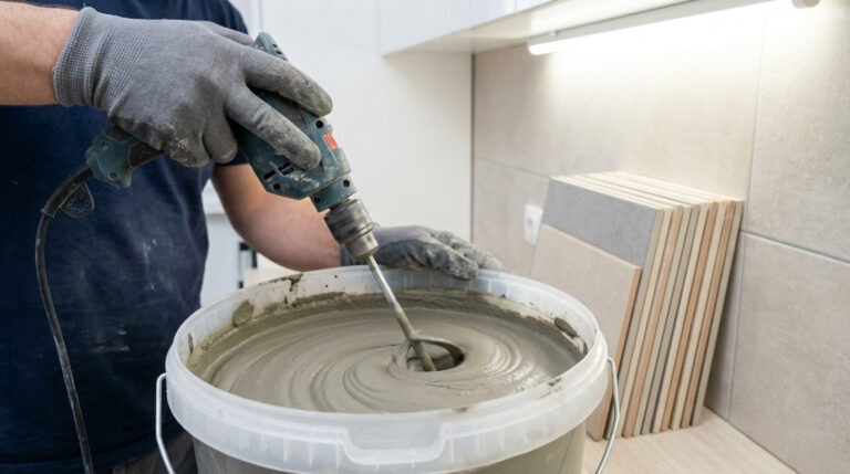 Gros plan sur des mains gantées utilisant une perceuse avec mélangeur pour préparer du mortier colle dans un seau. Des carreaux sont à l'arrière.