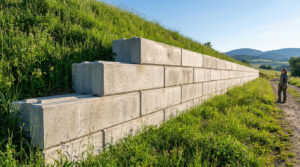 Long mur de soutènement en béton gris composé de blocs empilés, retenant une colline verdoyante. Une personne observe le mur sur un chemin de terre.