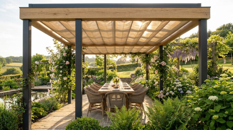 Pergola bi-matière (bois/métal) avec toile rétractable, abritant une table de repas dans un jardin fleuri ensoleillé.