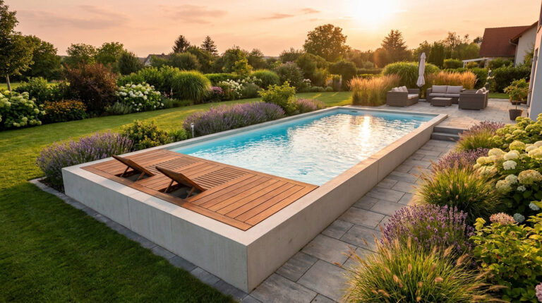 Piscine semi-enterrée rectangulaire avec plage en bois et transats dans un jardin verdoyant au coucher du soleil.