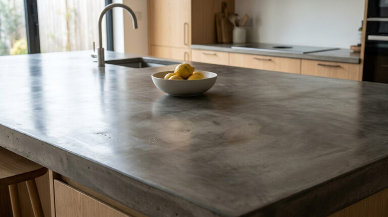Grand plan de travail d'îlot de cuisine en béton ciré gris anthracite, avec évier, robinet et bol de citrons. Meubles en bois clair en arrière-plan.