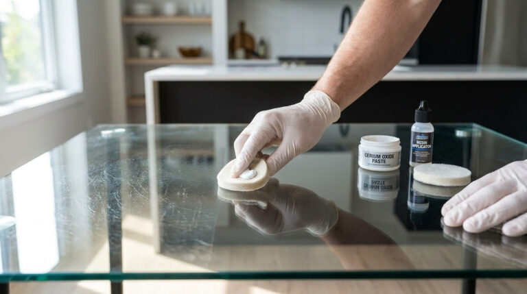Une personne gantée applique une pâte à polir sur une table en verre pleine de rayures avec un tampon applicateur.