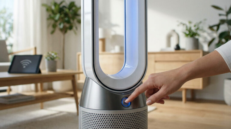 Main appuyant sur le bouton d'un purificateur Dyson blanc et argenté, éclairé en bleu, dans un salon moderne avec une tablette Wi-Fi.