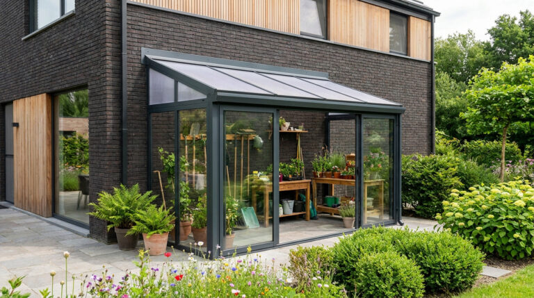 Un abri de jardin moderne avec parois vitrées, accolé à une maison en briques sombres, entouré d'un jardin fleuri.