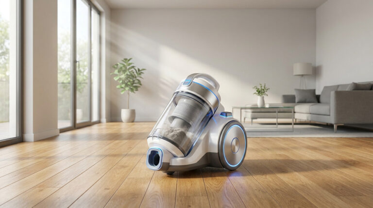 Aspirateur traîneau blanc sans sac avec détails bleus posé sur un parquet en bois dans un salon lumineux.